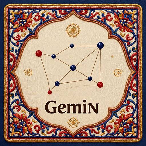 Ornate digital image of a Gemini zodiac sign with colorful floral border, red and blue dots connected by lines, and 