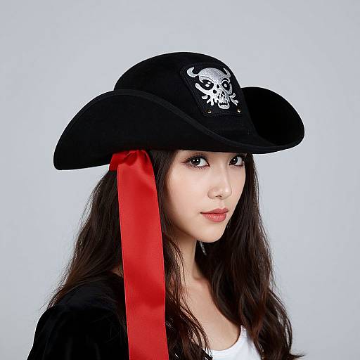 Photograph of an Asian woman with long dark hair, wearing a black pirate hat with a white skull emblem and red ribbon, against a light blue background