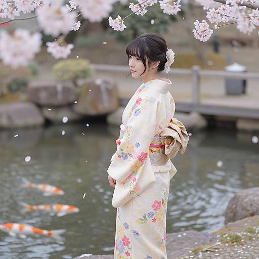 Photograph of a Japanese woman in a white floral kimono, standing by a pond with koi fish, cherry blossoms above, and a wooden