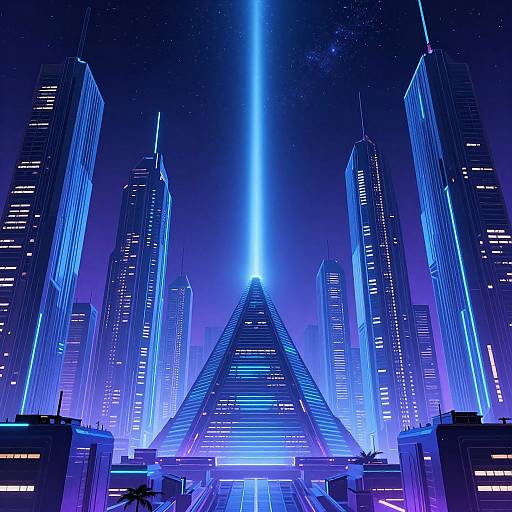 Digital artwork of a futuristic cityscape at night, featuring towering skyscrapers with neon blue lights, a glowing triangular building at the center, and a