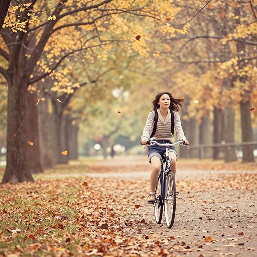 Photograph of a young woman with long brown hair, wearing a striped shirt and shorts, riding a bicycle on a leaf-strewn autumn path lined