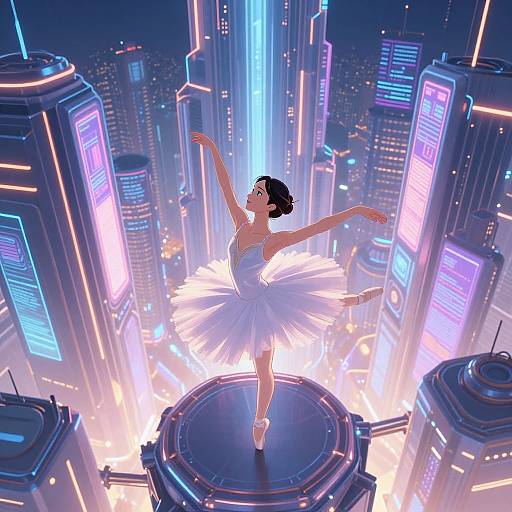 Digital art: Ballerina in white tutu, poised on futuristic circular platform, surrounded by neon-lit skyscrapers in a cyberpunk city