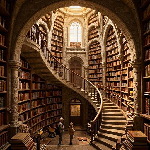 Photograph of a grand, lit, circular library with stone arches, spiral staircase, and wooden bookshelves filled with books. Two people stand