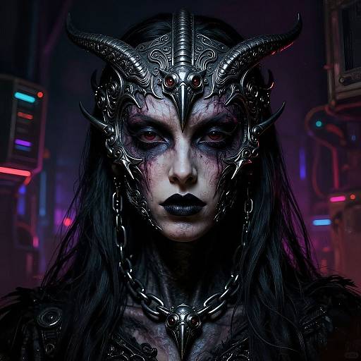 Digital artwork of a dark, pale-skinned woman with black lipstick, wearing an intricate metallic horned headpiece, in a neon-lit futuristic city