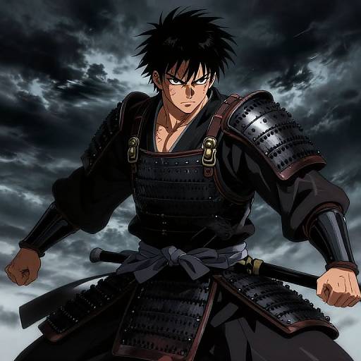 Digital anime-style drawing of a muscular, black-haired samurai with intense green eyes, wearing dark armor and holding a sword, against a stormy sky