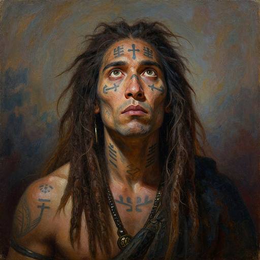 Digital painting of a Native American man with long dark hair, tribal tattoos, intense gaze, and dark, earthy background.