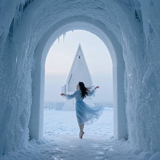 Photograph of a woman with long black hair in a flowing white dress, dancing through an ice tunnel towards a bright, snowy landscape with a white triangular
