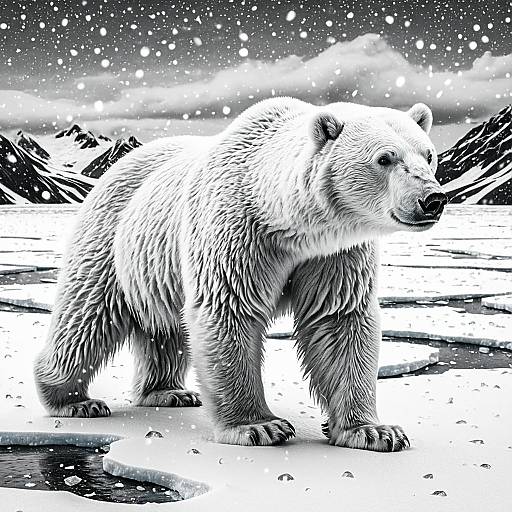 Grayscale Polar Bear in Arctic Snowfall