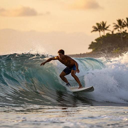Photograph of a shirtless, muscular man surfing a large, blue wave at sunset, with palm trees and a golden sky in the background.