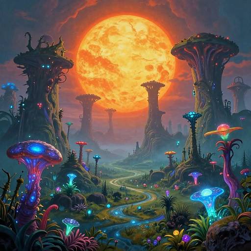 Fantastical digital artwork of a surreal forest under a glowing, orange full moon. Colorful glowing mushrooms and bioluminescent plants surround towering,