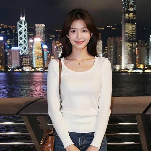 Photograph of an Asian woman with long black hair, wearing a white long-sleeve top and jeans, standing by a waterfront at night with a