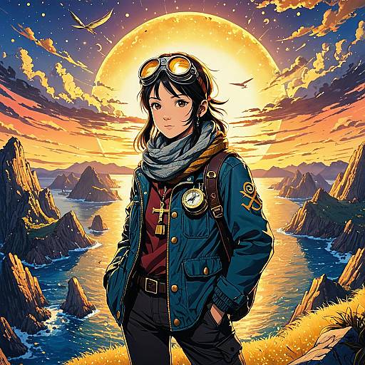Anime Sky Pirate at Sunset with Compass