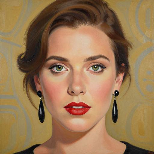 Digital portrait of a fair-skinned woman with green eyes, red lipstick, and black teardrop earrings, set against a golden patterned background.