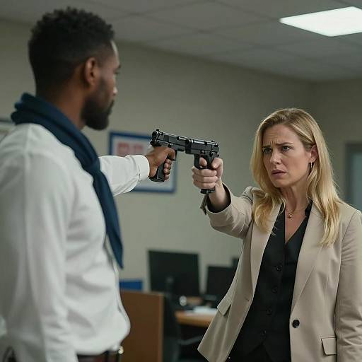 Tense Standoff in Dimly Lit Room