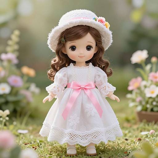 Photograph of a cute, doll-like girl with curly brown hair, wearing a white lace dress with a pink bow, white hat, and standing in