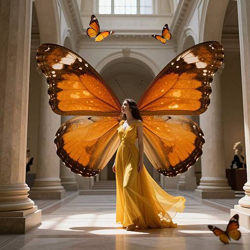 Photograph of a woman in a flowing yellow gown, with enormous orange butterfly wings, standing in a sunlit, grand architectural hall with three additional butterflies