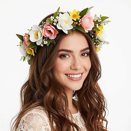 Photograph of a smiling young woman with long, wavy brown hair wearing a white lace top and a colorful flower crown.