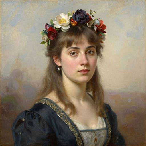 Photorealistic oil painting of a young Caucasian woman with fair skin, brown hair, wearing a floral crown, dark dress with gold trim, and earrings