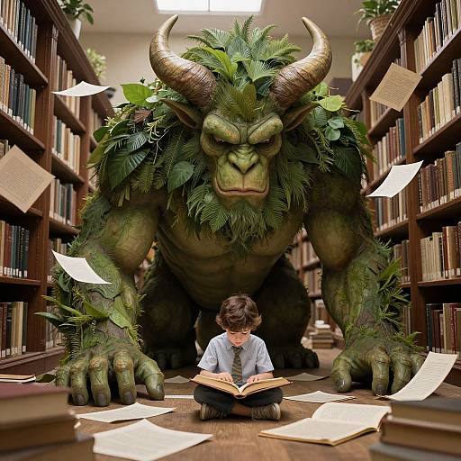 Photorealistic digital art: Small bespectacled man sits cross-legged reading book, surrounded by flying papers, in library with towering green, horn