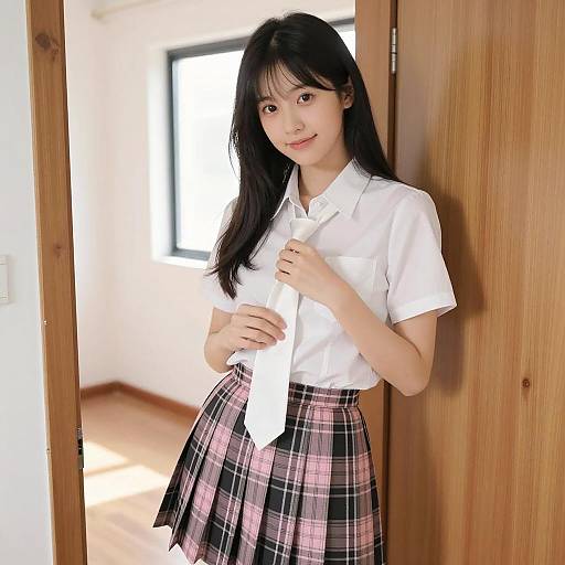 Asian Woman in White Blouse and Plaid Skirt Indoors