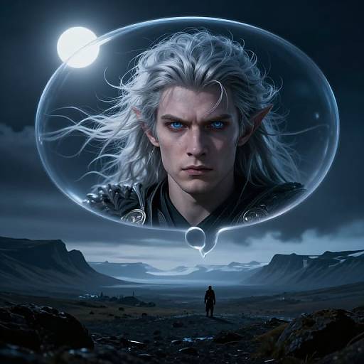 Fantasy digital art: Large, white-haired, blue-eyed elven figure with pointed ears inside glowing orb, looming over tiny human in moonlit,