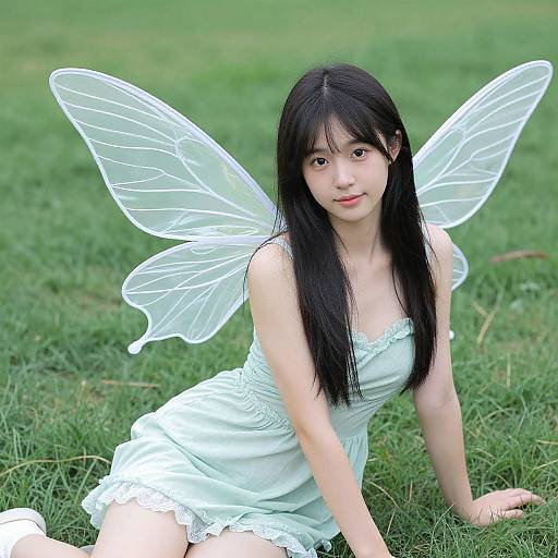 Photograph of an Asian woman with long black hair, wearing a white dress and transparent fairy wings, kneeling on green grass.