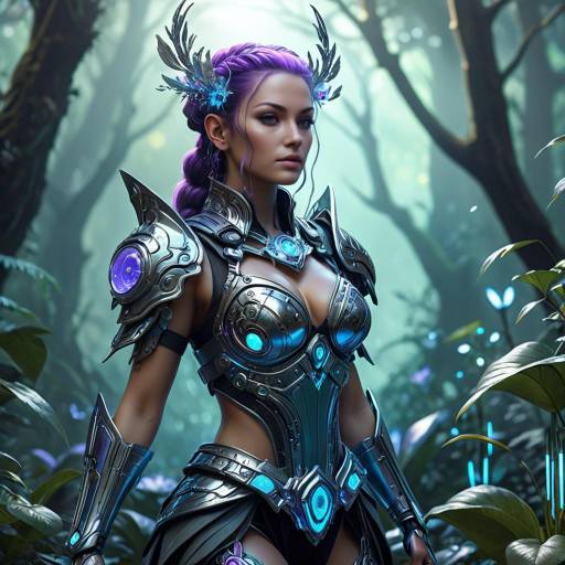 Fantasy Female Warrior with Purple Hair in Enchanted Forest