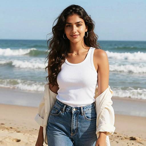 Photograph of a young South Asian woman with long, wavy black hair, wearing a white tank top, high-waisted blue jeans, and