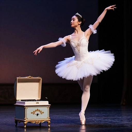 Photograph of a ballerina in a white tutu and tiara, gracefully dancing on stage with an ornate, vintage chest in the background