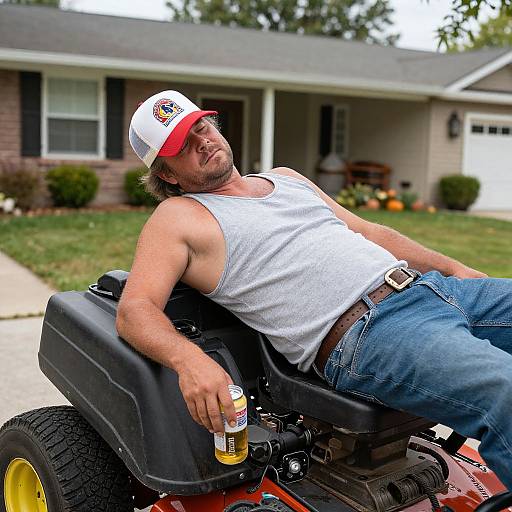 Photograph of a muscular, bearded man in a white tank top and red-white cap, reclining on a lawn mower, holding a beer,