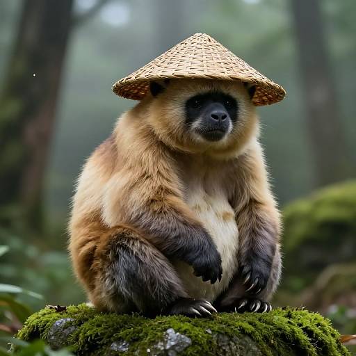 Photograph of a Ussuri black bear wearing a traditional Asian conical hat, sitting on a mossy log in a foggy forest.