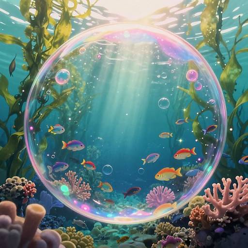 Vibrant underwater photograph of colorful fish swimming inside a translucent bubble, surrounded by coral reefs and seaweed, with sunlight filtering through the water.
