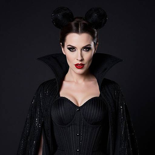 Photograph of pale-skinned woman with black hair in double buns, wearing a black, pinstriped corset and cape, dramatic red
