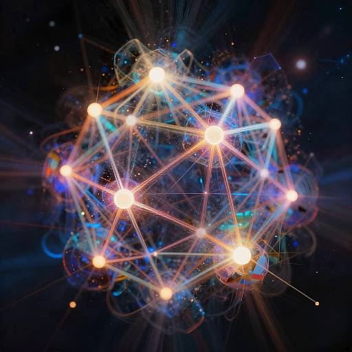 Digital artwork of a glowing, interconnected 3D geometric sphere with bright white and blue lights, surrounded by cosmic blue and black background with star-like points