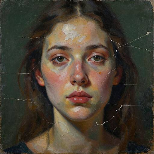Digital painting of a young woman with fair skin, brown hair, and pinkish lips, featuring realistic, textured cracks in the image. Dark background highlights
