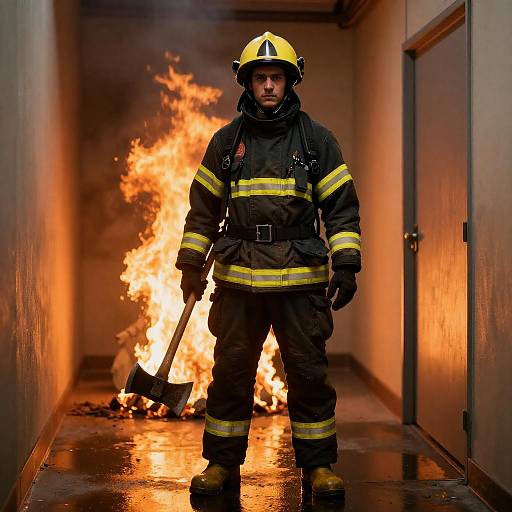 Determined Firefighter in Fiery Hallway