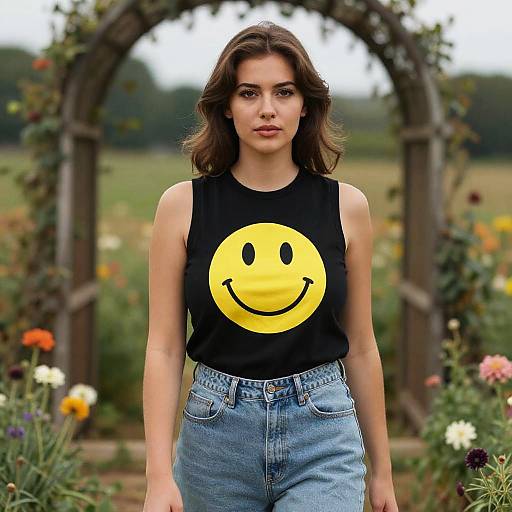 Photograph of a young woman with wavy brown hair, wearing a black sleeveless top with a yellow smiley face, and high-waisted