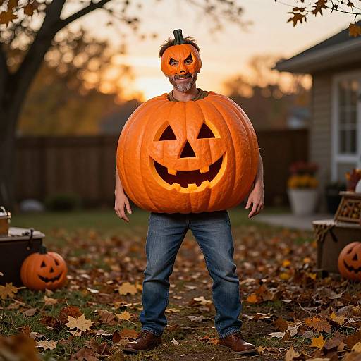 Photograph of a man wearing a large, carved pumpkin costume with a glowing jack-o'-lantern face, standing in a leaf-covered yard at sunset