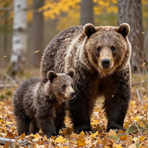 Photograph of a large brown bear and its cub standing on a forest floor covered in autumn leaves, with tall trees and yellow foliage in the background.