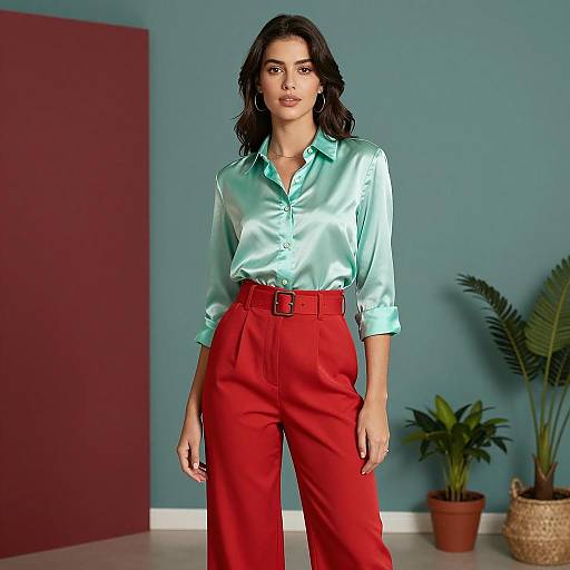 Confident Fashionista Against Teal Backdrop