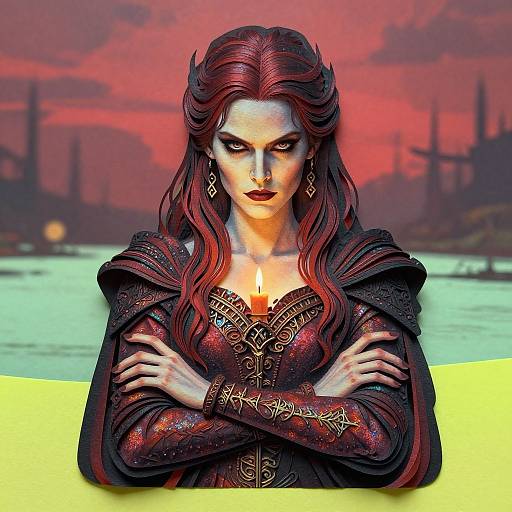 Digital art of a stern, dark-haired female vampire with red eyes, wearing a detailed, dark red and black medieval-style dress, against a vivid red