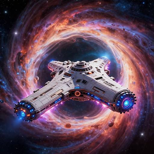 Digital artwork of a white, futuristic spaceship with glowing blue and red lights, surrounded by a swirling, colorful cosmic vortex.