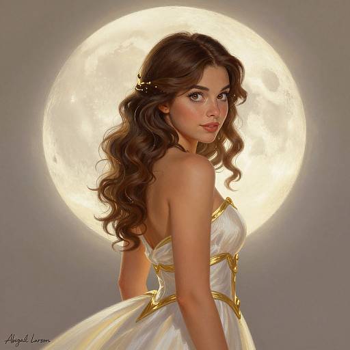 Digital artwork of a beautiful young woman with long, wavy brown hair, wearing a white, strapless, gold-accented dress, standing against