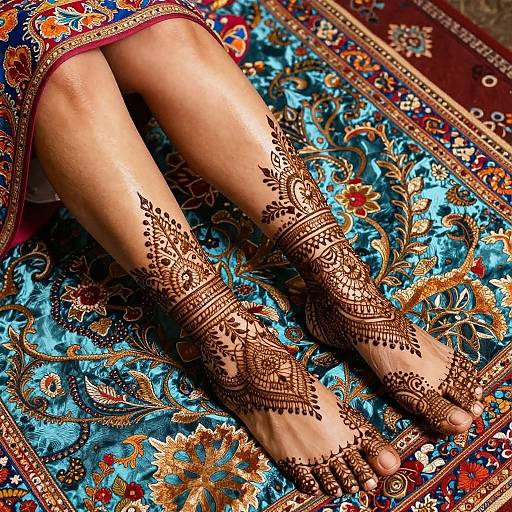 Photograph of intricately hennaed feet on a vibrant, ornate blue and gold patterned rug, showcasing detailed floral and paisley designs.