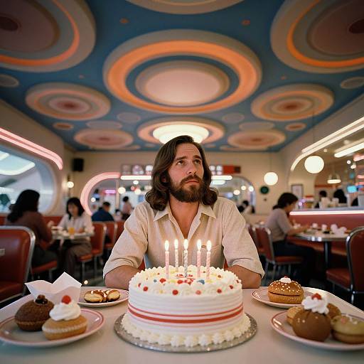 Photograph of a bearded man with long brown hair, wearing a white shirt, sitting in a retro diner with neon lights, candles on a white
