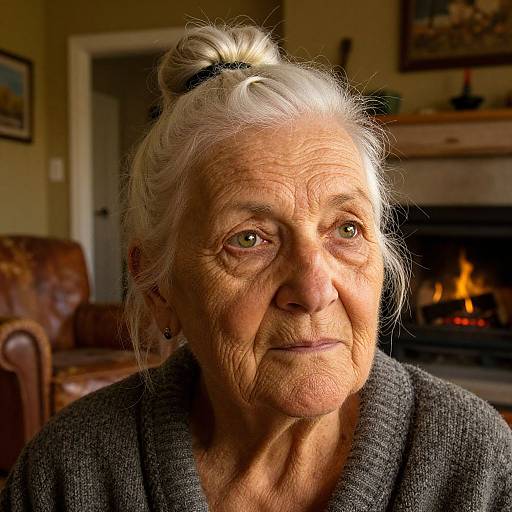 Photograph of an elderly woman with white hair in a bun, wearing a gray bathrobe, sitting by a lit fireplace in a warmly lit living room