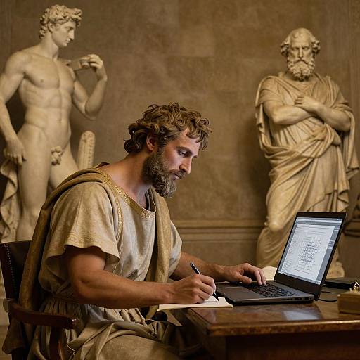 A bearded man in ancient Roman attire writes on paper while using a laptop, surrounded by classical marble statues in a dimly lit room. (Phot