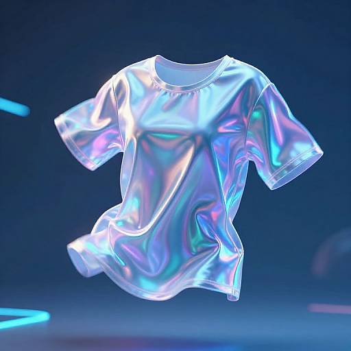 Photorealistic CGI of a glowing, iridescent, transparent T-shirt with neon blue and purple light reflections against a dark blue background.