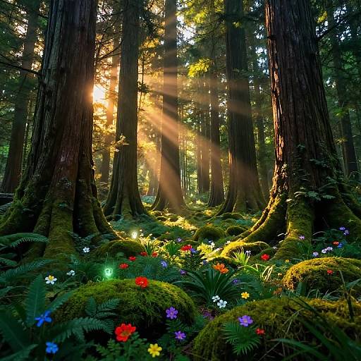 Photograph of a sunlit forest with golden rays filtering through tall redwoods, moss-covered ground, and colorful wildflowers including red, blue, yellow
