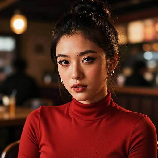 Photograph of an Asian woman with dark hair in an updo, wearing a red turtleneck, hoop earrings, and intense expression, in a